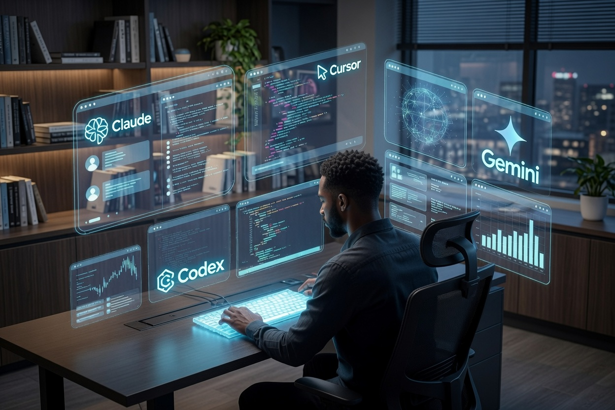 Illustration of a person working with multiple AI tools across a workstation