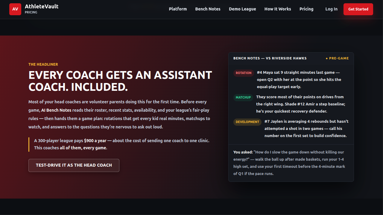 AthleteVault youth basketball league management website homepage